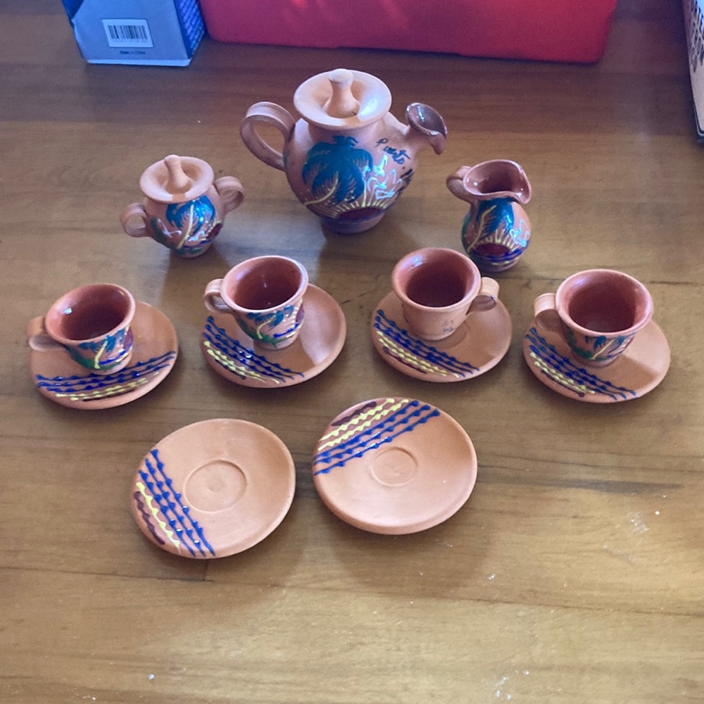 Vintage hand painted Mexico tiny pottery tea set